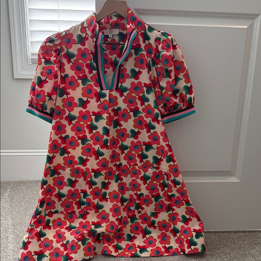 entro Cream Dress with Red Floral Print and Green Accents